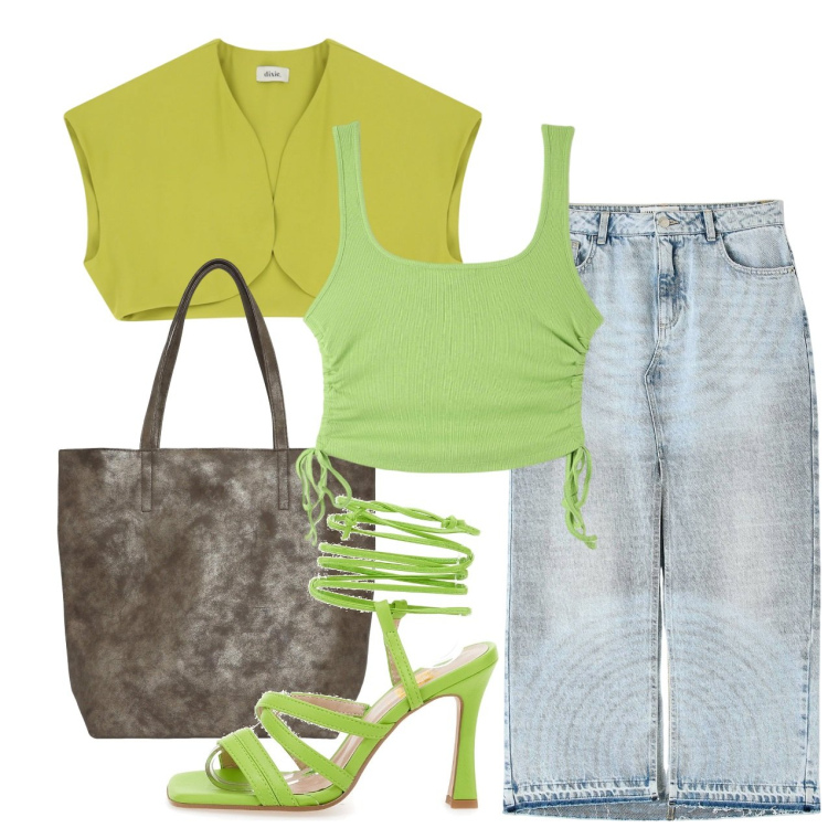 Outfit donna - Verde germoglio. Stile Casual chic per Tutti i giorni. Abbinamento con top, gonne lunghe, borse tote, gilet, sandali col tacco.