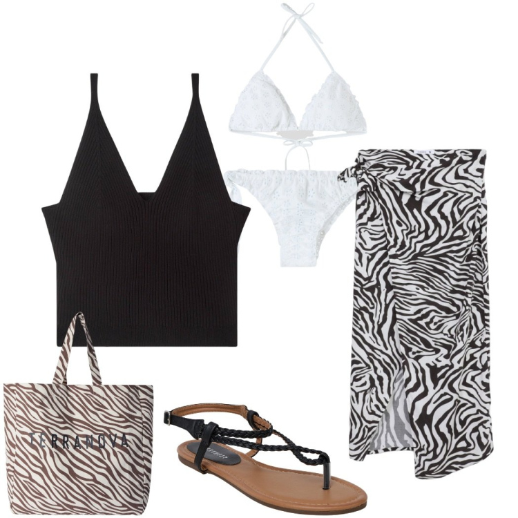 Outfit donna - Terranova Summer Sale. Stile Casual chic per Mare. Abbinamento con top, borse tote, ciabatte, bikini, bikini, vestiti da spiaggia.