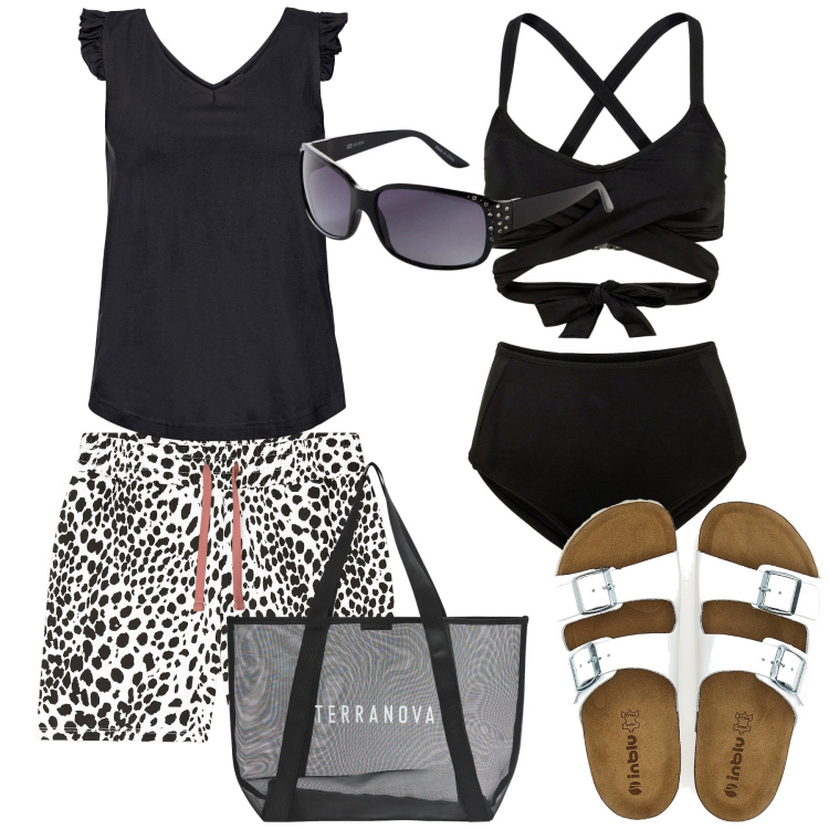 Outfit donna - Al mare. Stile Basic per Mare. Abbinamento con top, bikini, occhiali da sole, shopping bag, pantaloni corti, ciabatte.