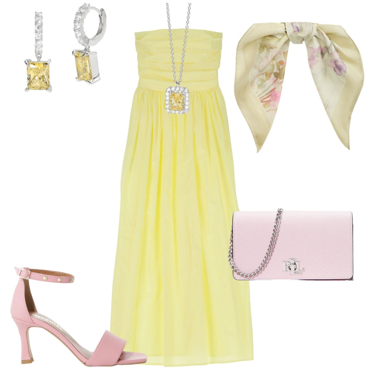Outfit donna - Total look #2198472. Stile Romantica per Cerimonia. Abbinamento con orecchini, collane, sandali col tacco, vestiti lunghi, foulard, borse a tracolla.
