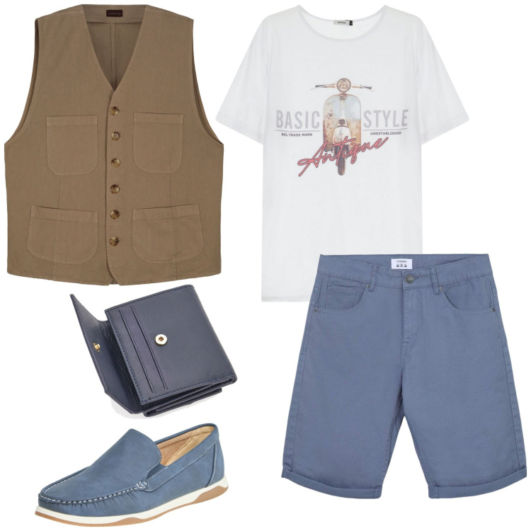 Outfit uomo - Ok così. Stile Casual per Tutti i giorni. Abbinamento con scarpe stringate, bermuda, t-shirt, portafogli, gilet.