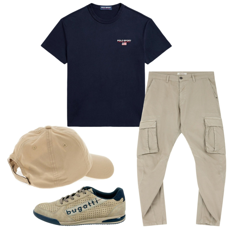 Outfit uomo - Total look #2198485. Stile Casual per Tutti i giorni. Abbinamento con pantaloni cargo, t-shirt, cappelli, scarpe stringate.