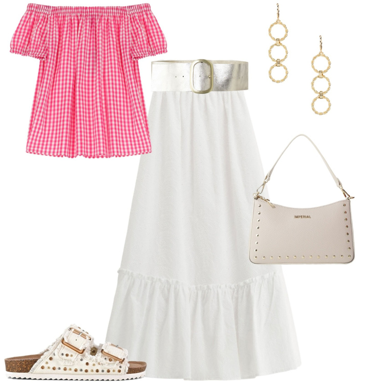 Outfit donna - Total look #2198496. Stile Vintage retrò per Tutti i giorni. Abbinamento con gonne lunghe, camicie a manica corta, borse a spalla, cinture, orecchini, sandali.