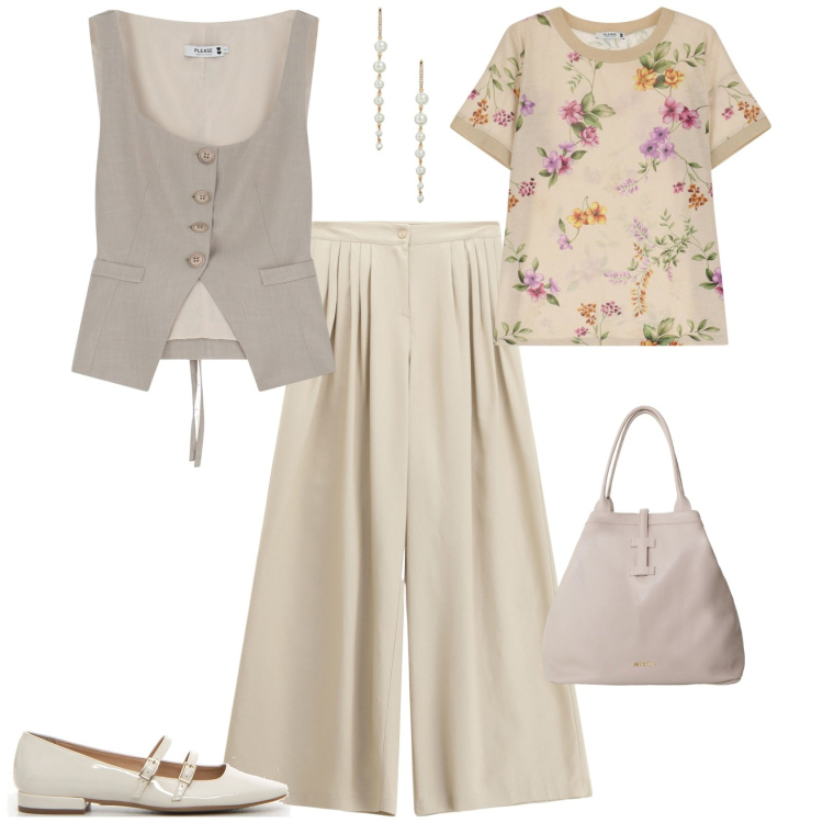Outfit donna - Total look #2198498. Stile Casual chic per Tutti i giorni. Abbinamento con t-shirt, pantaloni a palazzo, gilet, borse tote, orecchini, décolleté.