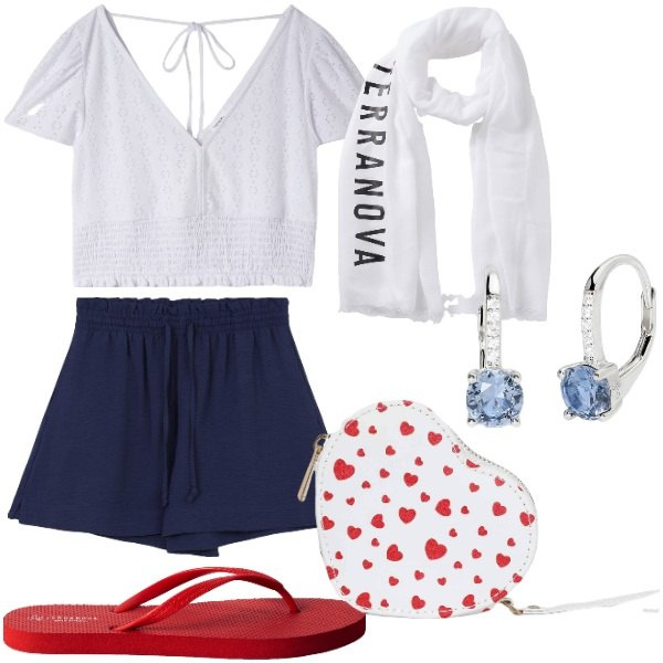 Outfit donna - Terranova Summer Sale. Stile Casual chic per Tutti i giorni. Abbinamento con shorts, portafogli, bluse, infradito, foulard, orecchini.