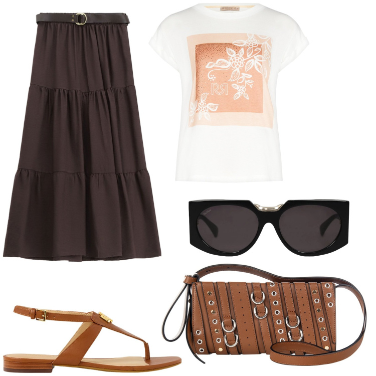 Outfit donna - I sandali in città. Stile Basic per Ufficio. Abbinamento con occhiali da sole, gonne lunghe, borse a spalla, t-shirt, sandali.