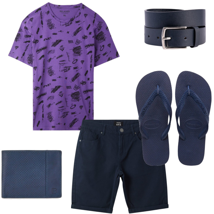 Outfit uomo - Passeggiata sul lungolago. Stile Casual per Tutti i giorni. Abbinamento con bermuda, t-shirt, portafogli, cinture, sandali.