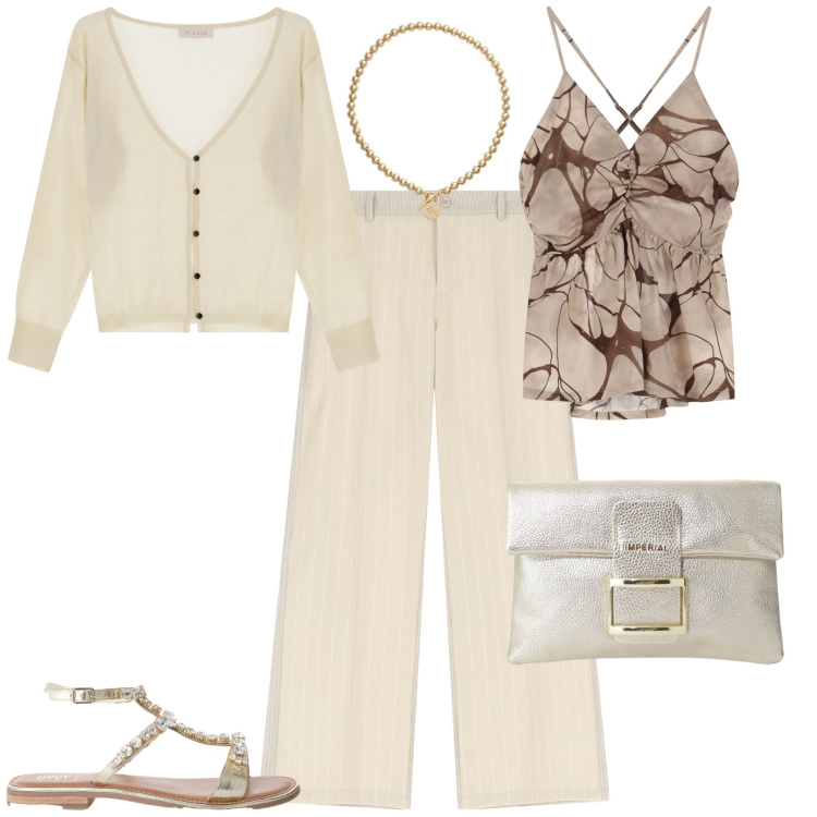 Outfit donna - Total look #2198504. Stile Chic per Serata fuori. Abbinamento con cardigans, pantaloni, canottiere, pochette, sandali, collane.