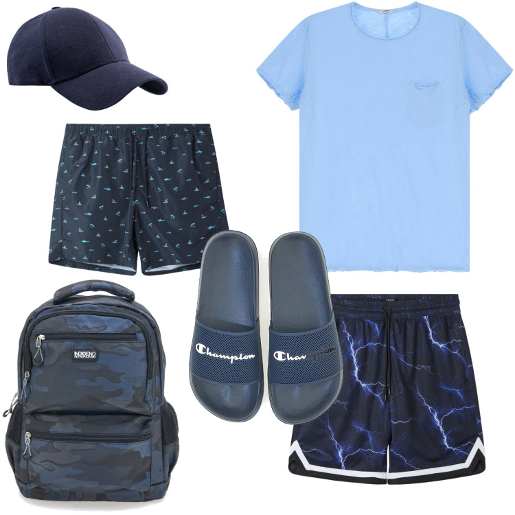 Outfit uomo - Oggi scappo al mare!. Stile Casual per Mare. Abbinamento con costumi, bermuda, t-shirt, borse sportive, cappelli con visiera, sandali.