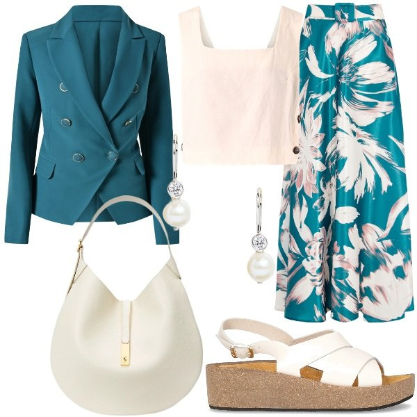 Outfit donna - Saldi estivi Rinascimento. Stile Glamour per Cerimonia. Abbinamento con gonne, blazer, top, borse a spalla, orecchini, sandali.