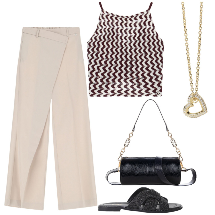 Outfit donna - In saldo. Stile Bon Ton per Serata fuori. Abbinamento con collane, borse a mano, pantaloni, top, sandali.