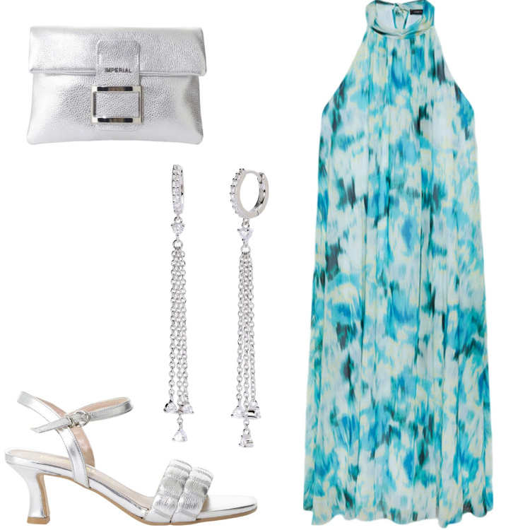 Outfit donna - Chic con i saldi. Stile Chic per Serata fuori. Abbinamento con orecchini, sandali col tacco, pochette, vestiti lunghi.