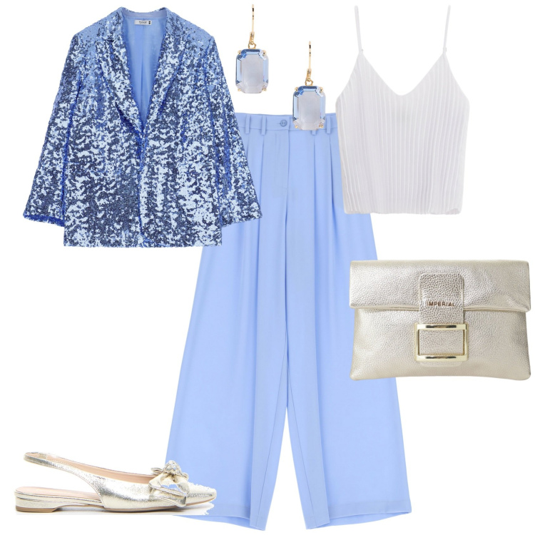 Outfit donna - Total look #2198526. Stile Glamour per Serata fuori. Abbinamento con blazer, pantaloni, top, pochette, orecchini, sandali in pelle.