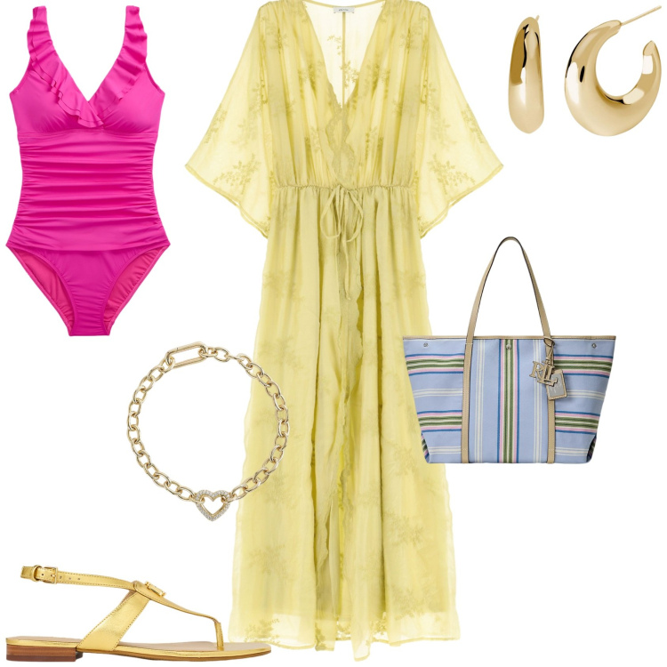 Outfit donna - Total look #2198532. Stile Chic per Mare. Abbinamento con orecchini, braccialetti, vestiti lunghi, costumi interi, borse tote, sandali in pelle.