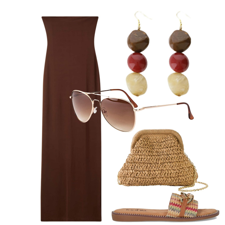 Outfit donna - Saldi!!. Stile Basic per Tutti i giorni. Abbinamento con borse a tracolla, occhiali da sole, vestiti lunghi, orecchini, ciabatte.