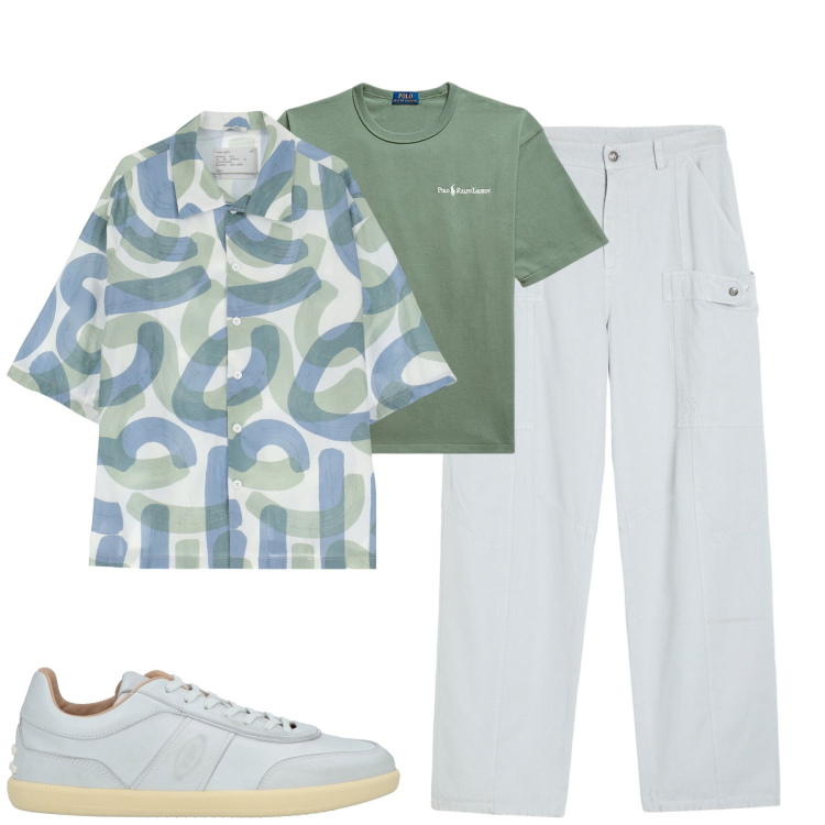 Outfit uomo - Luglio. Stile Trendy per Tutti i giorni. Abbinamento con pantaloni cargo, sneakers, camicie a manica corta, t-shirt.
