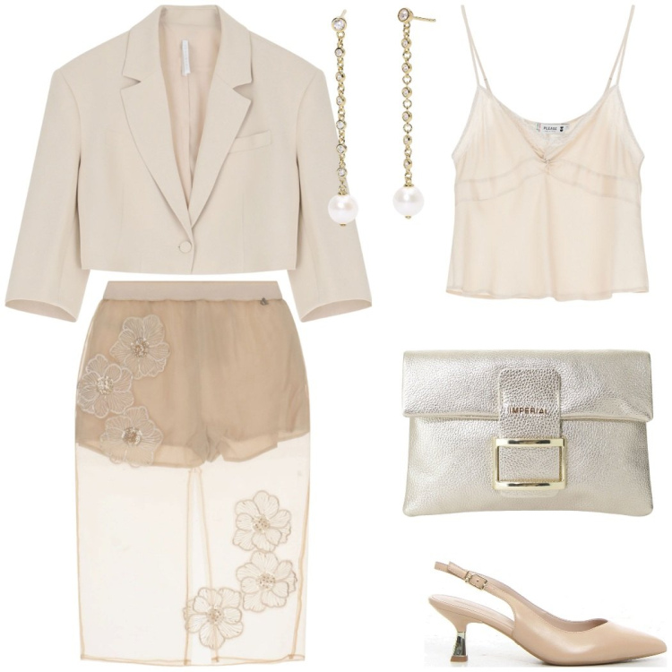 Outfit donna - Traspareza. Stile Glamour per Cerimonia. Abbinamento con orecchini, top, pochette, blazer, gonne, décolleté.