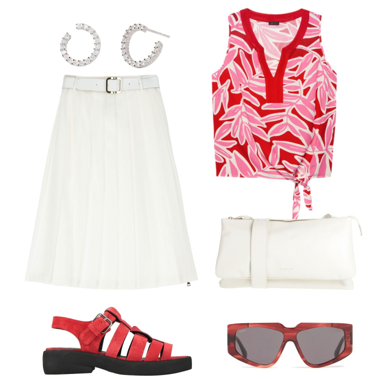 Outfit donna - Sandali in città. Stile Casual per Tutti i giorni. Abbinamento con sandali in pelle, borse a tracolla, orecchini, gonne longuette, top, occhiali da sole.