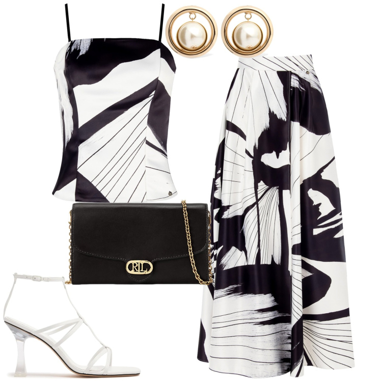 Outfit donna - Serata. Stile Chic per Serata fuori. Abbinamento con canottiere, gonne lunghe, borse a tracolla, orecchini, sandali in pelle.