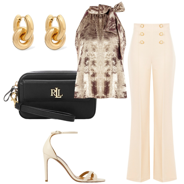 Outfit donna - Rinascimento sun. Stile Chic per Serata fuori. Abbinamento con top, pantaloni, pochette, sandali col tacco, orecchini.