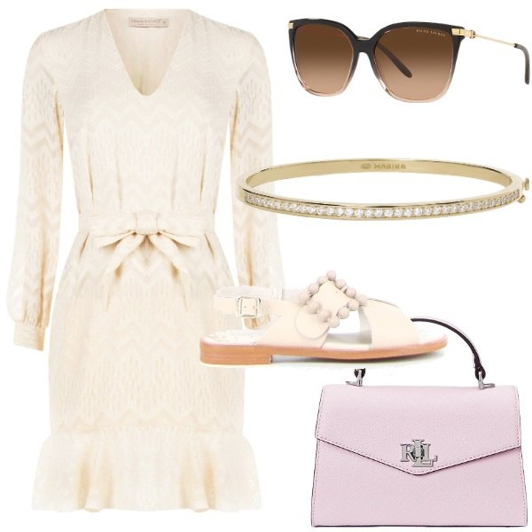 Outfit donna - Beige Chiaro ed eleganza. Stile Glamour per Cerimonia. Abbinamento con braccialetti, vestiti corti, occhiali da sole, borse a mano, sandali.