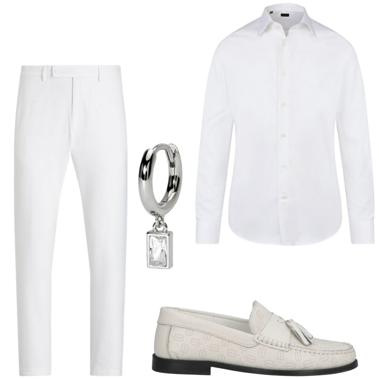 Outfit uomo - Look lino total white. Stile Urban per Serata speciale. Abbinamento con scarpe stringate, orecchini, pantaloni, camicie.