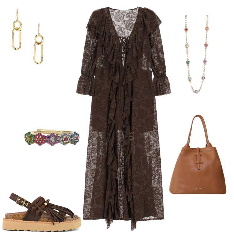 Outfit donna - Total look #2198586. Stile Boho per Serata fuori. Abbinamento con anelli, collane, borse tote, vestiti lunghi, orecchini, sandali.
