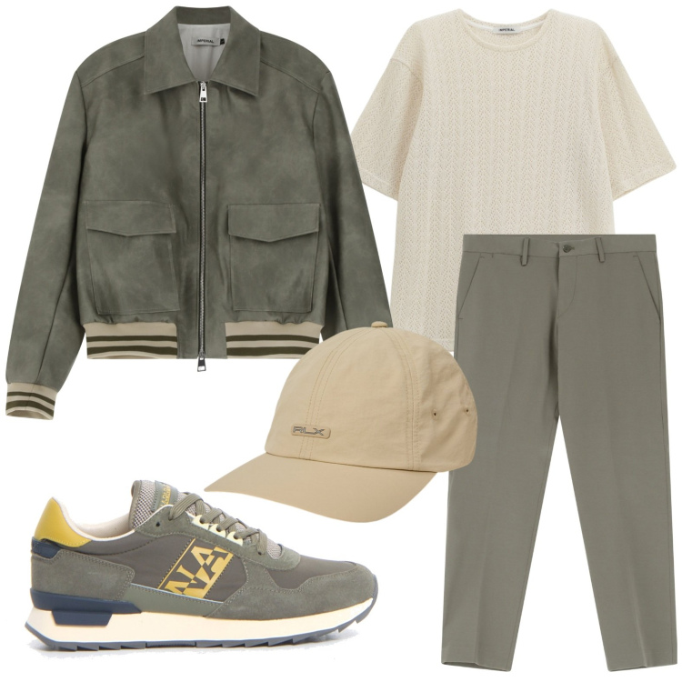 Outfit uomo - Imperial - Summer Sales SS25. Stile Urban per Tutti i giorni. Abbinamento con bomber, pantaloni, t-shirt, cappelli, sneakers.