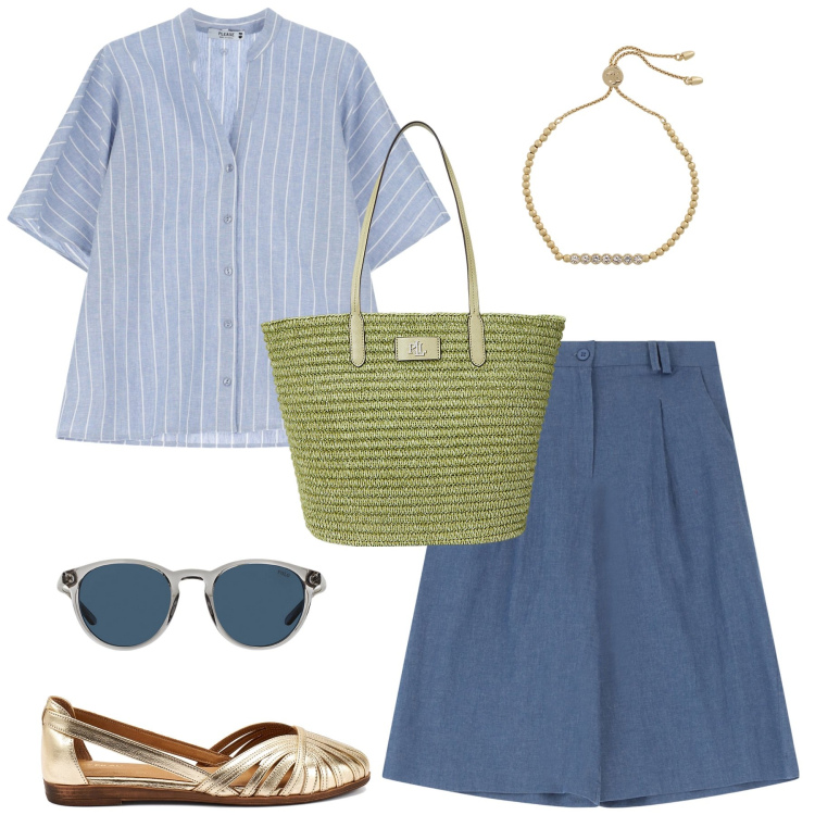 Outfit donna - Please sale. Stile Casual per Tutti i giorni. Abbinamento con bermuda, camicie a manica corta, occhiali da sole, borse tote, braccialetti, ballerine.
