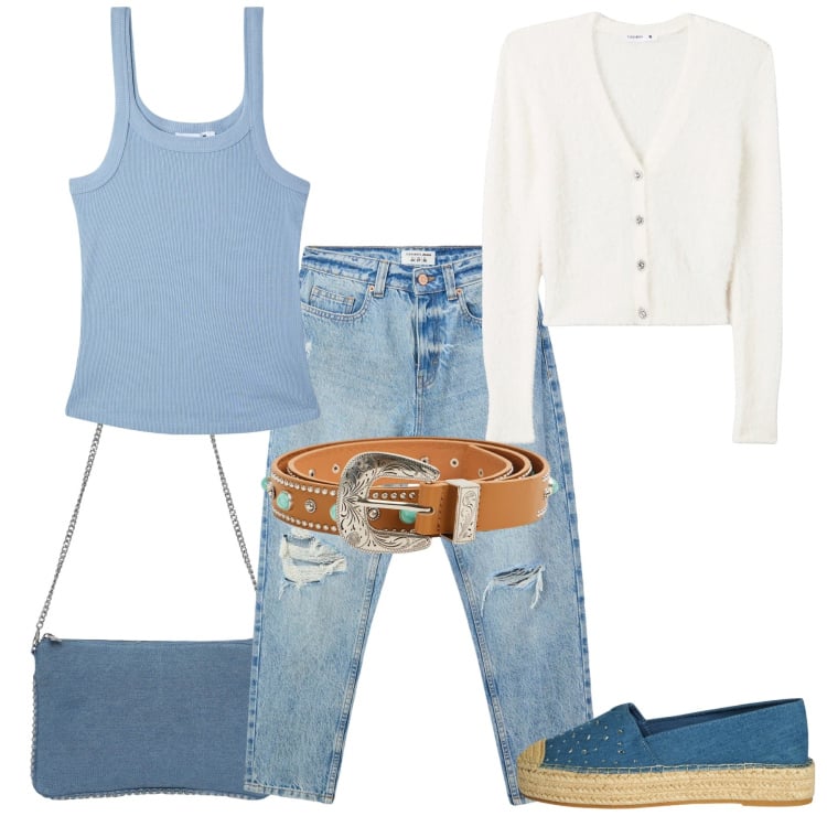 Outfit donna - Terranova sale. Stile Casual per Tutti i giorni. Abbinamento con jeans mom, espadrillas, cinture, borse a tracolla, cardigans, canottiere.