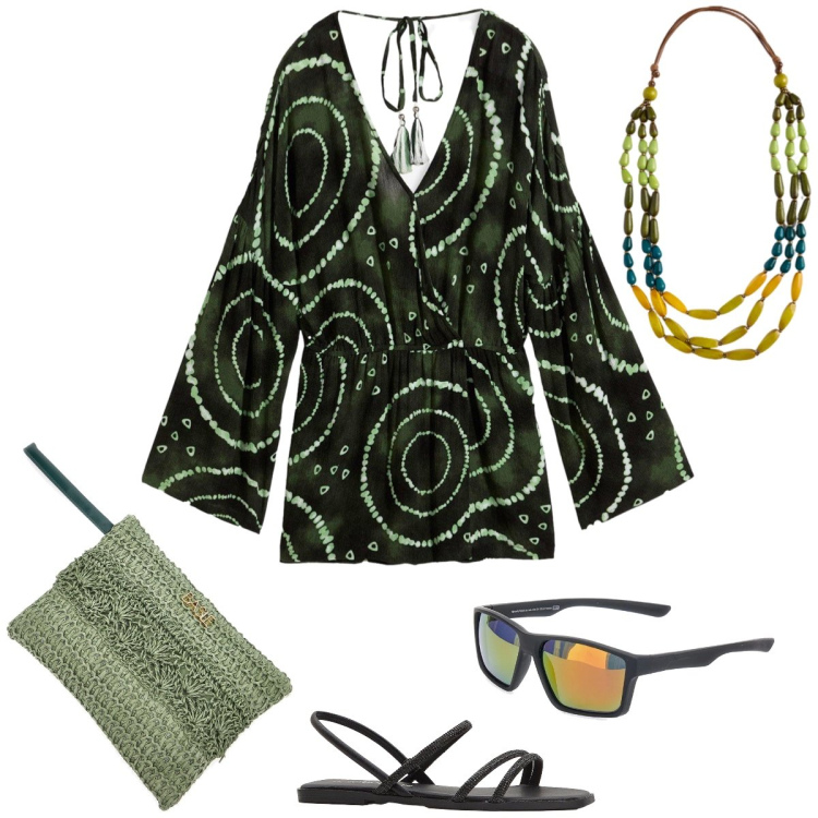Outfit donna - In vacanza. Stile Boho per Tutti i giorni. Abbinamento con sandali, tuta corta, collane, pochette, occhiali da sole.