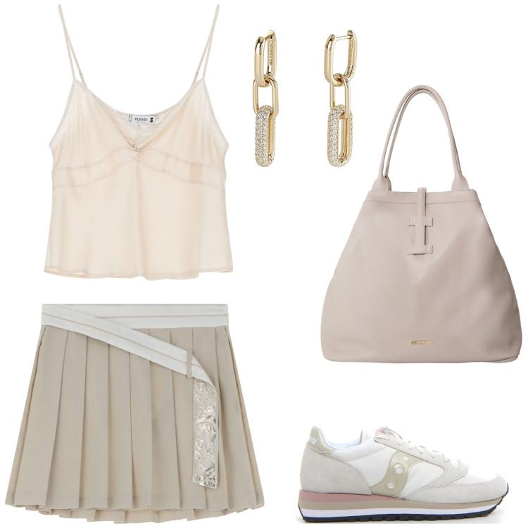 Outfit donna - Beige chiaro. Stile Casual per Scuola/Università. Abbinamento con orecchini, top, minigonne, borse tote, sneakers.