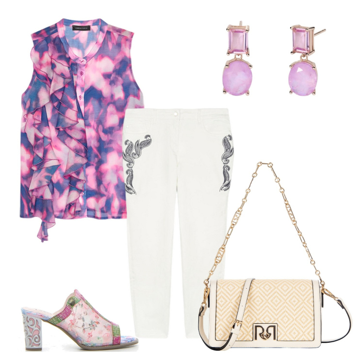 Outfit donna - Total look #2198612. Stile Casual chic per Ufficio. Abbinamento con orecchini, borse a tracolla, pantaloni, top, sabot.