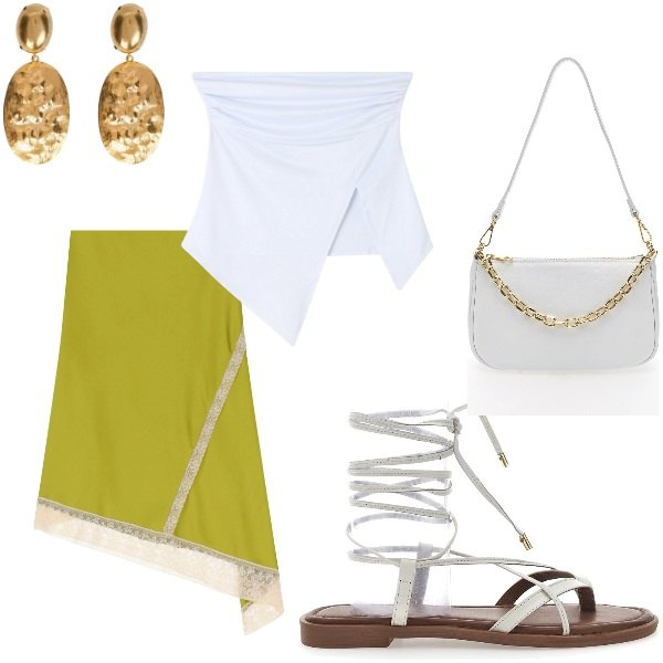 Outfit donna - Le serate di Luglio. Stile Casual chic per Serata fuori. Abbinamento con top, gonne longuette, sandali alla schiava, borse a tracolla, orecchini.