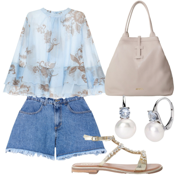 Outfit donna - Passeggiata. Stile Trendy per Tutti i giorni. Abbinamento con shorts, orecchini, camicie, borse tote, sandali.