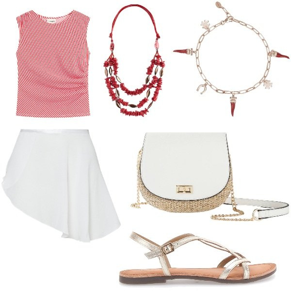 Outfit donna - Le serate di Luglio. Stile Chic per Serata fuori. Abbinamento con top, borse a tracolla, braccialetti, minigonne, sandali, collane.