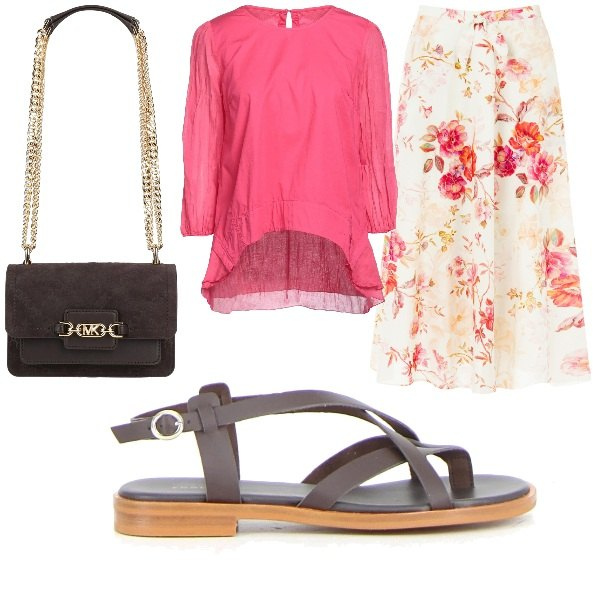 Outfit donna - I sandali in città. Stile Casual chic per Tutti i giorni. Abbinamento con top, borse a spalla, gonne longuette, sandali.