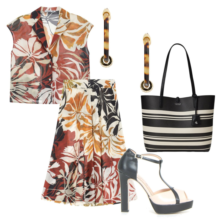 Outfit donna - Total look #2198638. Stile Casual chic per Ufficio. Abbinamento con gonne longuette, camicie, orecchini, borse tote, sandali col tacco.