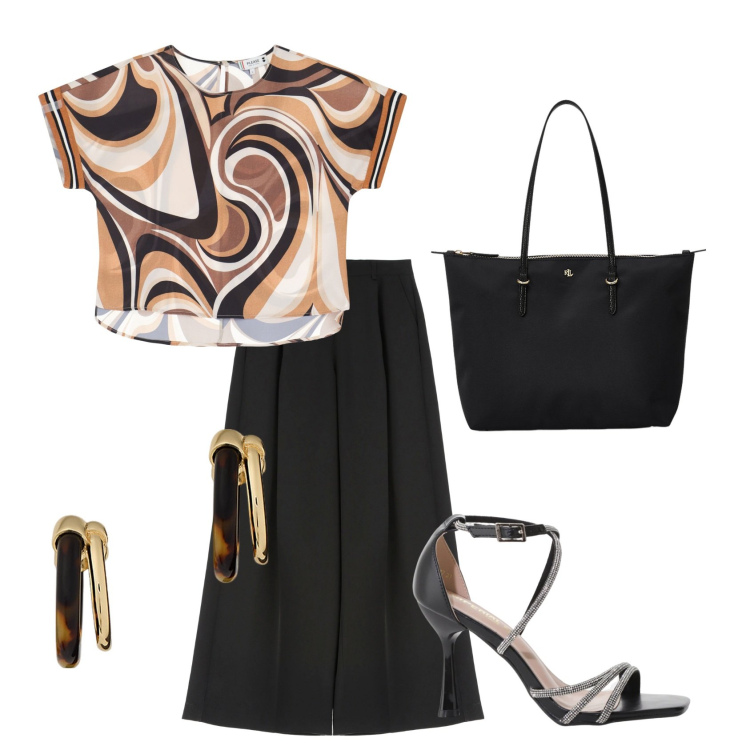 Outfit donna - Total look #2198641. Stile Casual chic per Ufficio. Abbinamento con pantaloni a palazzo, bluse, sandali col tacco, borse tote, orecchini.