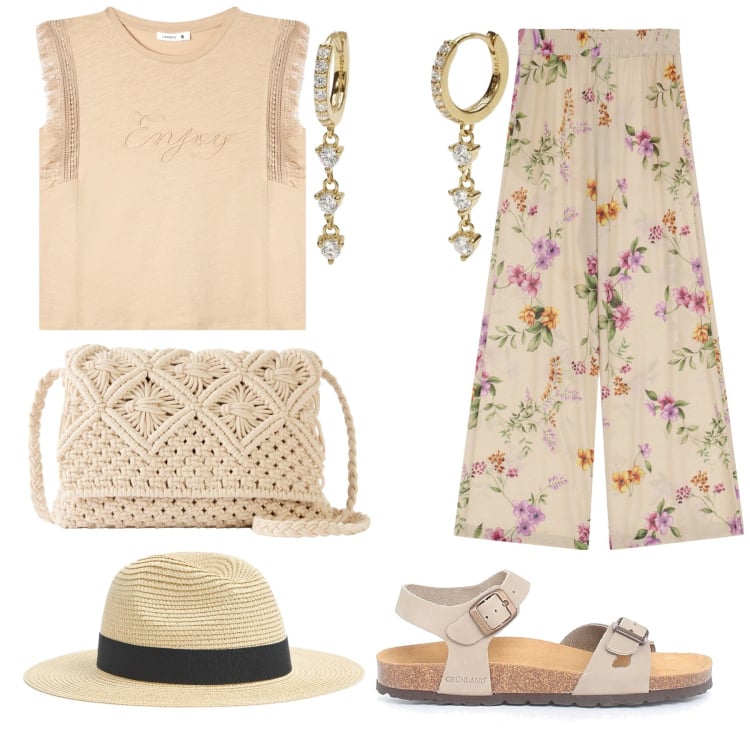 Outfit donna - Beige comodo. Stile Boho per Tutti i giorni. Abbinamento con borse a tracolla, t-shirt, cappelli, orecchini, pantaloni, sandali.