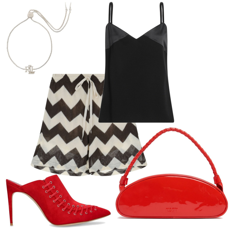 Outfit donna - Magica estate. Stile Trendy per Serata fuori. Abbinamento con top, shorts, braccialetti, pantofole, borse a spalla.