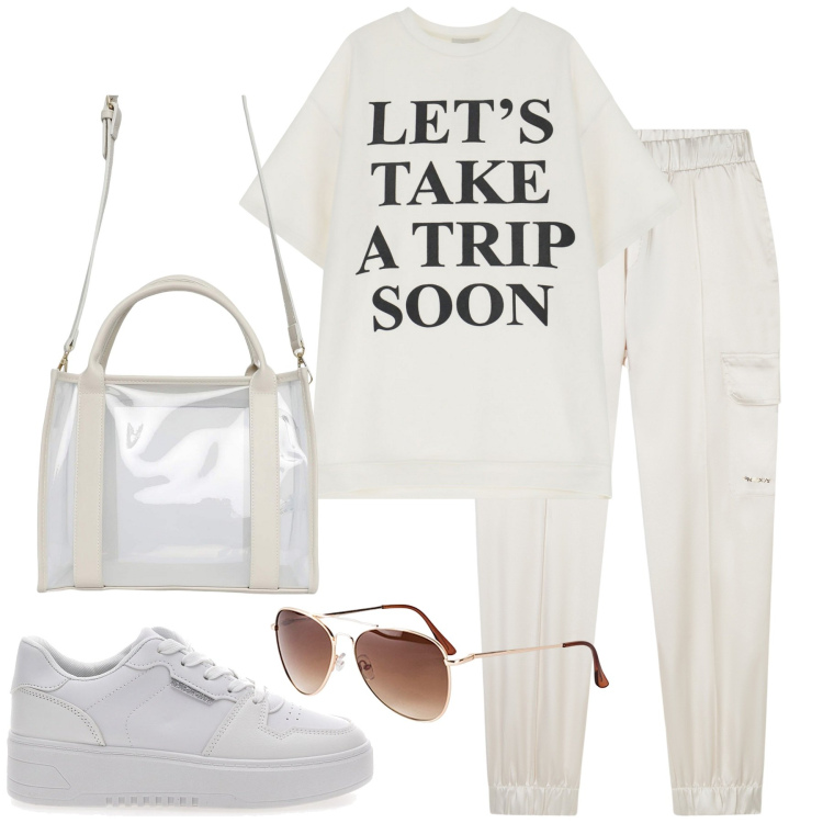 Outfit donna - In gita. Stile Casual chic per Tutti i giorni. Abbinamento con occhiali da sole, borse tote, pantaloni cargo, vestiti corti, sneakers.