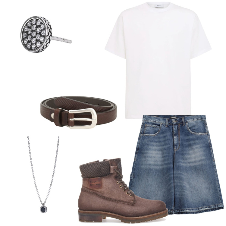Outfit uomo - Total look #2198655. Stile Urban per Tutti i giorni. Abbinamento con orecchini, collane, cinture, bermuda, stivali e stivaletti, t-shirt.
