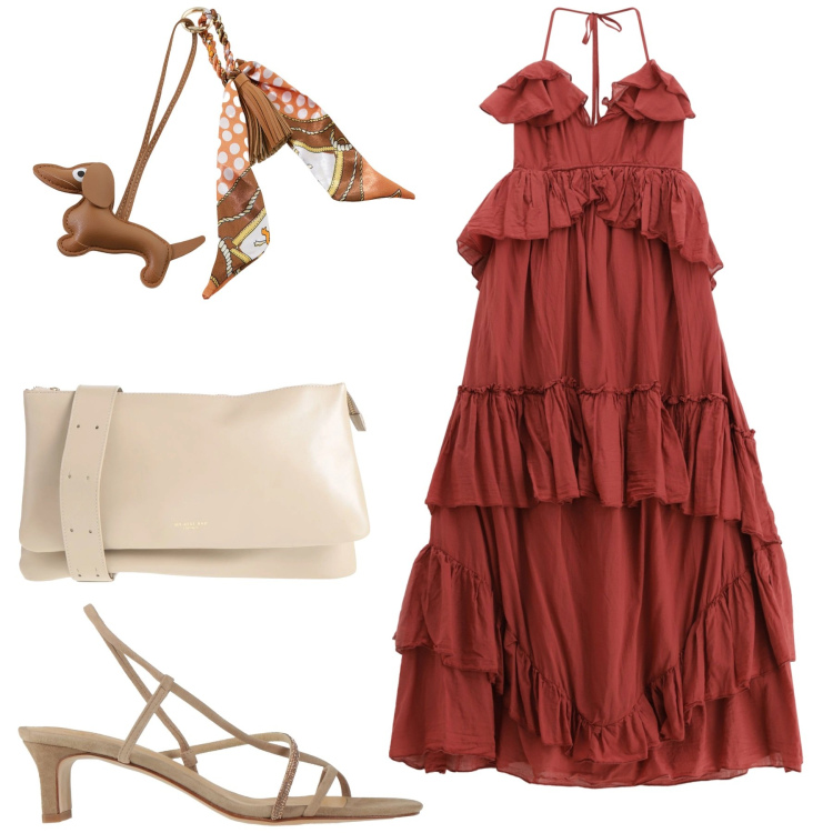 Outfit donna - Estate 2025. Stile Glamour per Tutti i giorni. Abbinamento con borse a tracolla, sandali in pelle, portachiavi, vestiti lunghi.