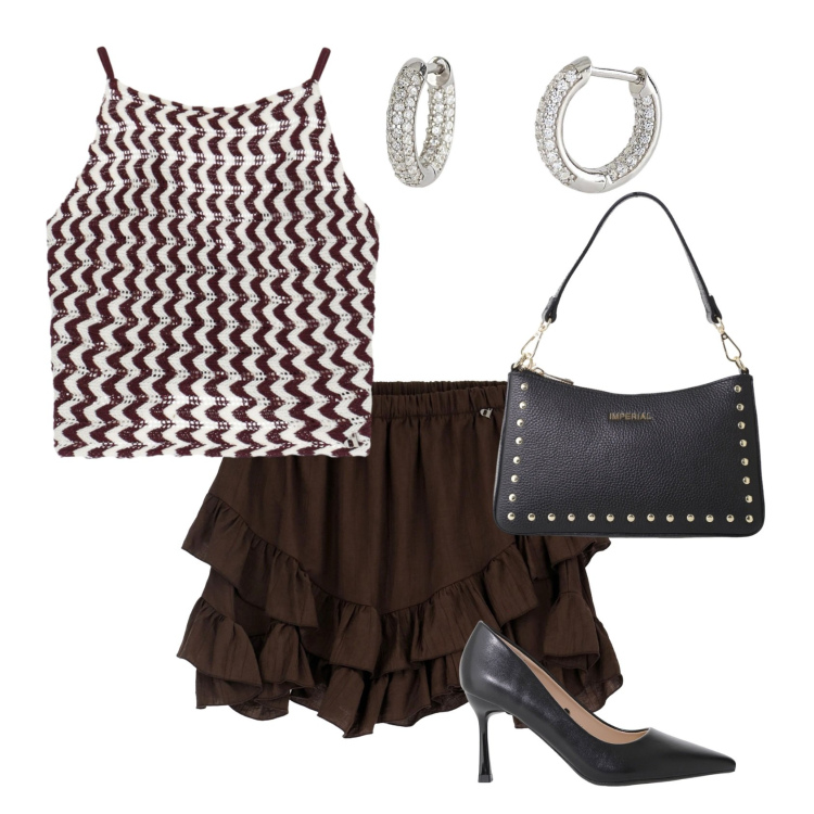 Outfit donna - Total look #2198657. Stile Casual chic per Serata fuori. Abbinamento con orecchini, décolleté, borse a spalla, top, minigonne.