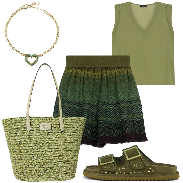 Outfit donna - Anima green. Stile Casual chic per Tutti i giorni. Abbinamento con braccialetti, borse tote, pantaloni corti, top, sandali.