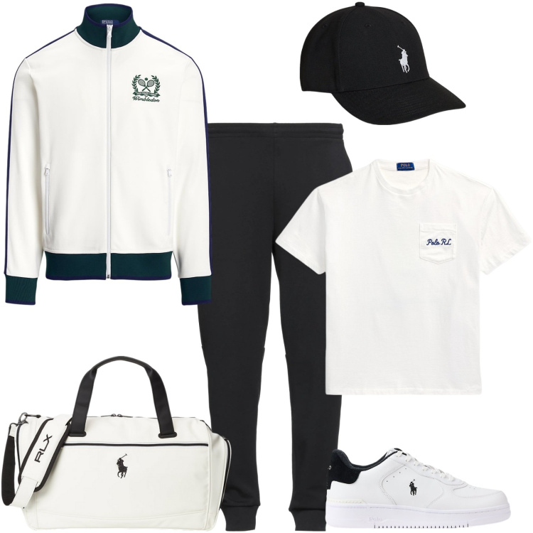 Outfit uomo - Domenica: partita a tennis. Stile Casual per Sport. Abbinamento con pantaloni sportivi, giacche sportive, sneakers, cappelli, borse sportive, t-shirt.