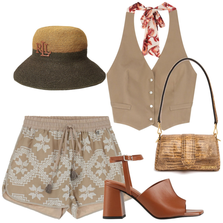 Outfit donna - Vacanze in Europa. Stile Urban per Tutti i giorni. Abbinamento con sandali in pelle, top, shorts, cappelli, borse a spalla.