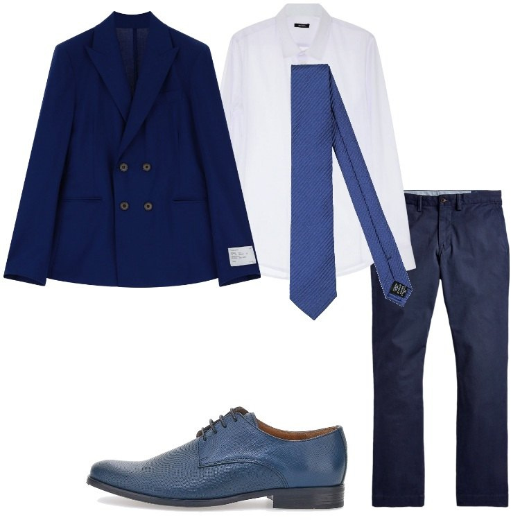 Outfit uomo - Cerimonia in blu. Stile Business/Elegante per Cerimonia. Abbinamento con cravatte, giacche, camicie, pantaloni, scarpe stringate.