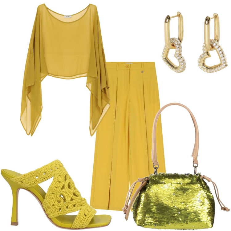 Outfit donna - Serata solare. Stile Glamour per Serata fuori. Abbinamento con sandali in pelle, borse a mano, orecchini, camicie, pantaloni a palazzo.